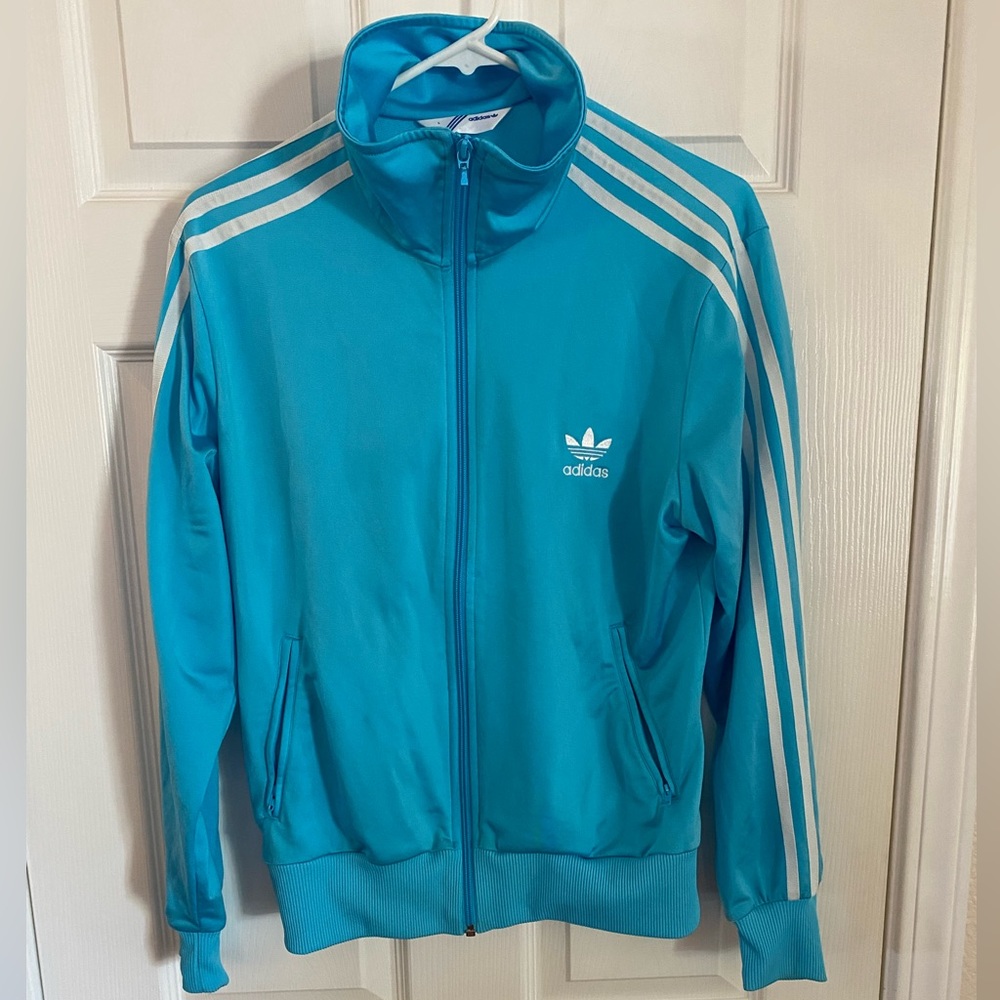 Sky blue and white silky Adidas trefoil track jacket size large
